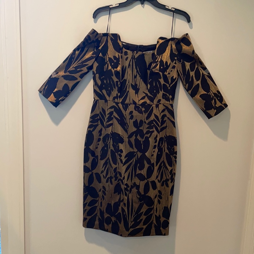 Trina Turk off the shoulder three quarter length sleeve cocktail dress.